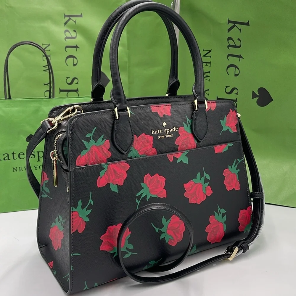 Kate Spade Madison Rose Toss Printed Medium Satchel COLOR: Black Multi NWT